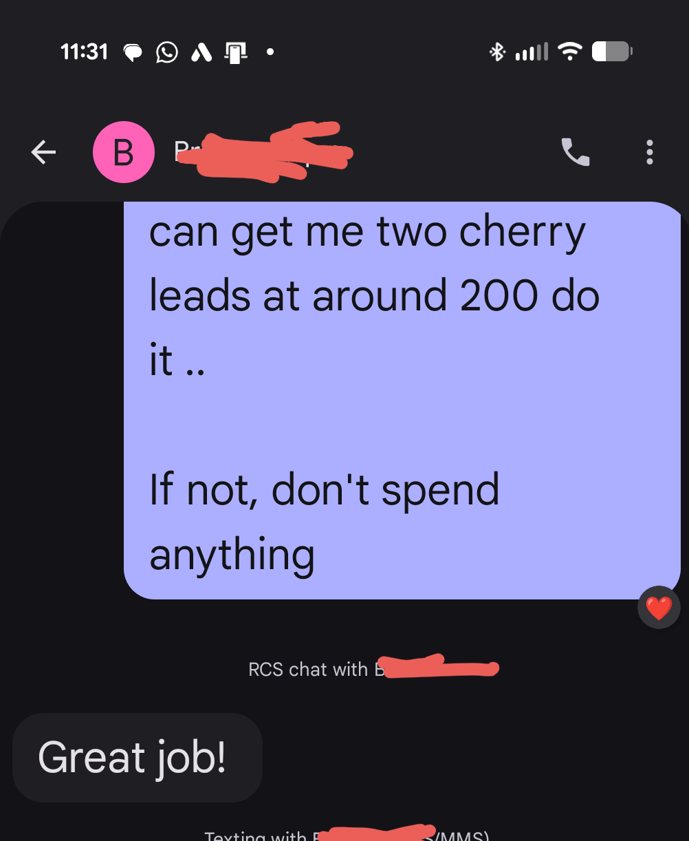 Follow-up text: client replies Great job after seeing the cap-and-bid strategy.