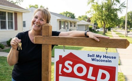 Seller leaning on sold sign
